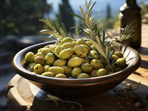 Eine sonnendurchflutete Schale mit gelben Oliven und frischen Kraeutern