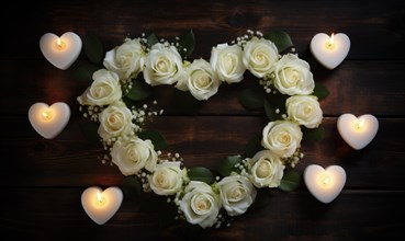 Soothing heart of white roses and candles on wood sets a romantic tone AI generated