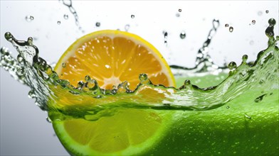 Lime splashing into water on a white background