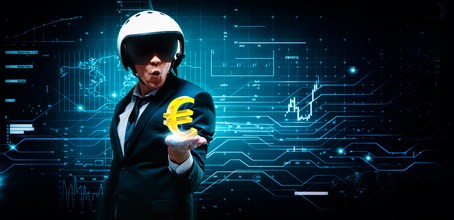 Portrait of a man in a suit and helmet. He put out a palm in which an electric charge and a euro sign. Business concept. Stock market. Brokers and traders.