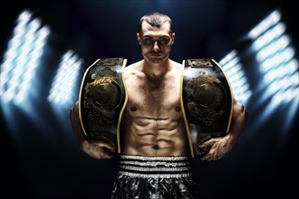 Kickboxing world middleweight champion stands with two belts. The concept of a healthy lifestyle