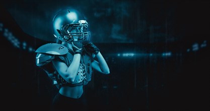Iimage of a girl at the stadium in the uniform of an American football team player. Sports concept.