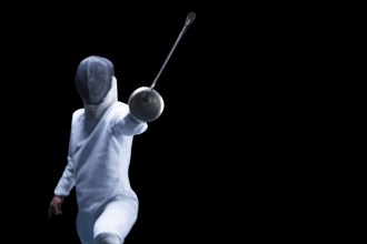 The fencer moves forward with a sword in his hand. Sport concept.