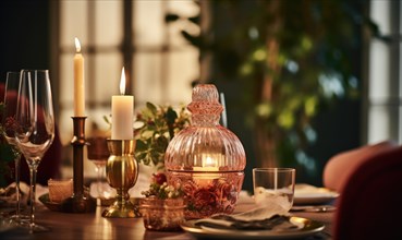 A cozy dinner setting with warm candlelight and antique style decorations AI generated