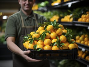 Friendly shopkeeper holding a basket full of fresh oranges
