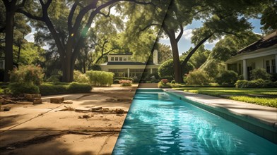 Before and after of an unattended mediocre back yard to A beautiful yard with a swimming pool. generative AI