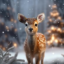 Cute fawn in forest during snowfall