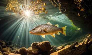 Rainbow trout swimming underwater in the ocean with rays of light AI generated