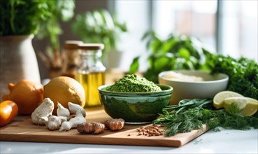 Natural ingredients for homemade pesto sauce on white kitchen table background AI generated