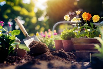 Potted plants and seedlings with gardening tools