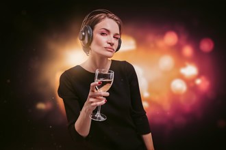 Image of a girl in a black dress with a glass of wine in her hand in a nightclub. Professional headphones. Party concept.
