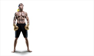 Professional Thai boxer stands in full combat gear. Muay Thai