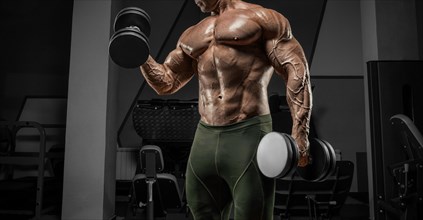 Powerful bodybuilder works out in a gym with dumbbells. No name portrait. Bodybuilding concept.