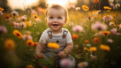 Portrait of a cute little baby girl in a field of flowers AI generated