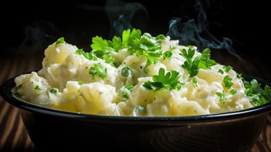 Potato salad with green peas and parsley in a black bowl AI generated