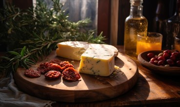 Camembert cheese with dried tomatoes and rosemary on a wooden board AI generated