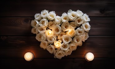 Romantic heart-shaped arrangement of white roses and candles on wood AI generated