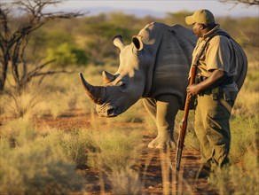 Rhinoceros with a ranger standing behind in a savannah during sunset