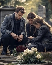 Family sits sadly at the gravestone
