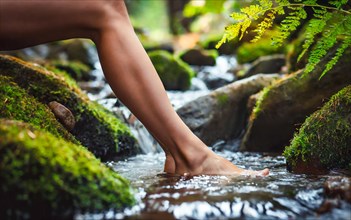 A woman cools her feet in a mountain stream