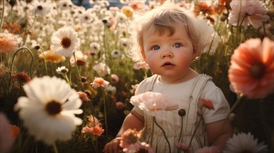 Portrait of a cute little baby girl in a field of flowers AI generated