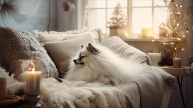 Pomeranian Spitz dog with wool blanket on sofa at home AI generated