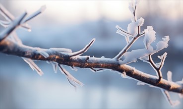 Twigs with frost against a soft sunset glow