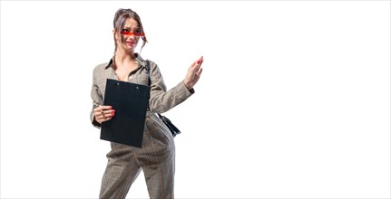 Image of a woman in a suit. She is unhappy with something. Sales concept.