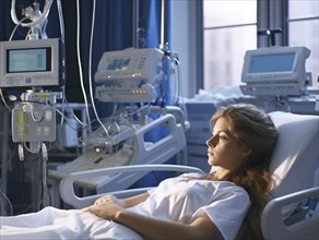 Woman in a hospital bed appears thoughtful amid a sophisticated setup of medical monitors