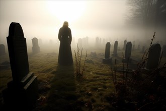 A woman in the fog at the cemetery