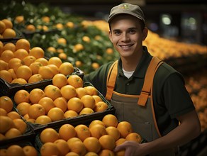 Cheerful market employee in an apron presenting fresh oranges