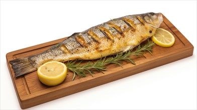 Fresh fish with rosemary on a cutting board on a white background AI generated