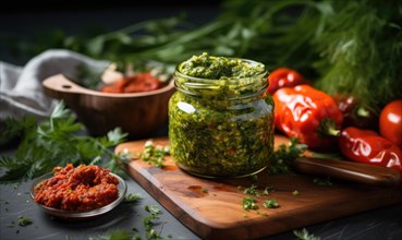 Homemade pesto sauce in a glass jar on a dark background AI generated