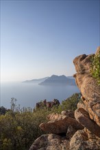 The rocks of the Calanche on the Gulf of Porto with the Scandola nature reserve in the background