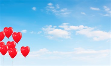 Multiple red heart-shaped balloons floating up into a clear blue sky with clouds AI generated