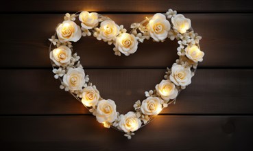 A heart formed from white roses and candles creates a romantic setting on wood AI generated
