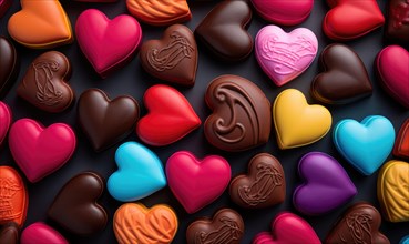 Colorful heart-shaped chocolate treats arranged closely on a dark background AI generated