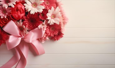 Elegant flower arrangement with red gerberas and a pink ribbon against a pastel backdrop AI generated