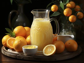 A wholesome pitcher of orange juice with fresh oranges on a tray