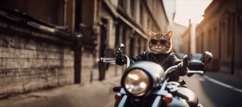 Cat biker rides a motorcycle in a sunny city