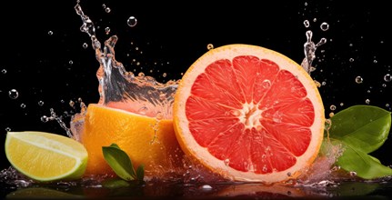 Water splash with grapefruits and lemons isolated on black background AI generated
