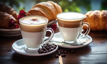 Cappuccino and latte served with croissants for a warm breakfast ambiance AI generated