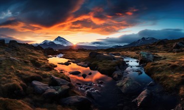 A fiery sunset sky over a mountainous landscape with reflections in a water stream amid rocks AI generated