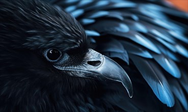Detailed close-up of a raven's glossy feathers and reflective eye AI generated