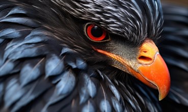 A black eagle with captivating red eyes and glossy feathers in close-up AI generated