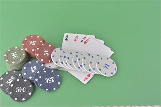 Casino chips and four aces displayed on a green tabletop