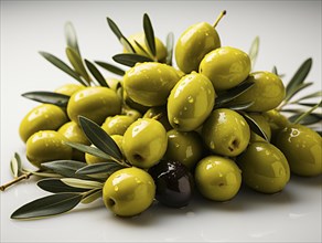 Frische gelbe und schwarze Oliven mit Wassertropfen auf Blaettern