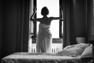 Charming girl stands wrapped in a sheet near a huge window. Back view. The concept of leisure
