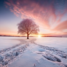 Solitary tree in a snowy landscape with a vibrant sunrise backdrop AI generated