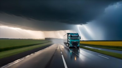 Lorry on a wet road